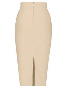 Girsdy Apricot Elegant Business Casual Women's Single-Breasted Design Solid Color Button Decor Slim High Waist Elastic Bodycon Pencil Skirt, Commute & Everyday Wear, Mid-Length Spring - Apricot - View 2