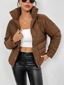 SHEIN Essnce 纯色按扣加厚棉服冬季 - 棕色 - 查看 3