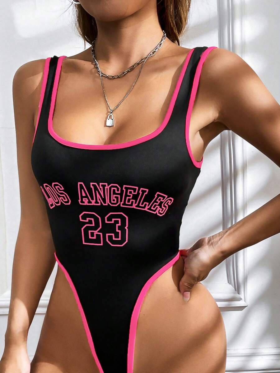 SHEIN EZwear 女士街头运动装 Blockcore 运动夏季休闲彩色块字母和数字印花装饰紧身衣 - 彩色 - 查看 1