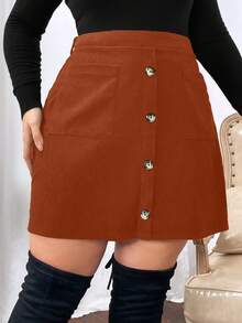 Calvaya 大碼高腰前紐扣半身裙 - 鏽棕色 - 查看 5