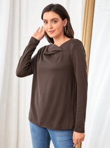 SHEIN LUNE Solid Cowl Neck Tee - Coffee Brown - View 4