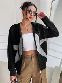 SHEIN Unity 撞色拉鏈開襟抽繩連帽開襟衫 - 彩色 - 查看 5