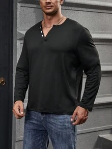 Manfinity Homme 男士大码缺口領T恤 - 黑色 - 查看 4