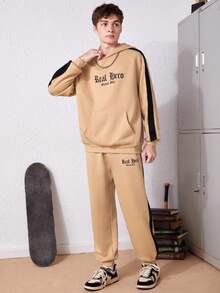 SHEIN 青少年男孩字母圖案拼接側邊接縫連帽衫和運動褲 - 駝色 - 查看 5