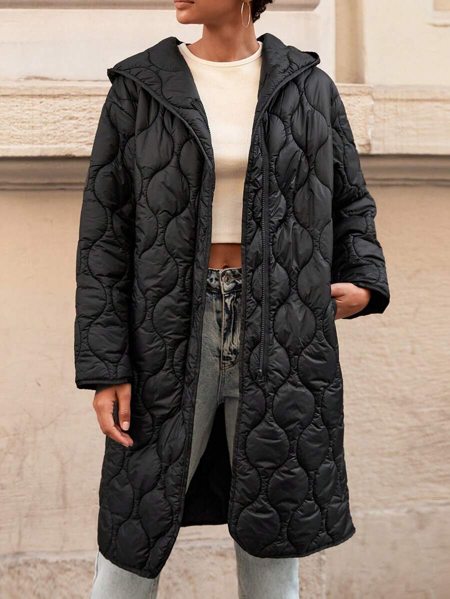 EURMUSE Women's Fashionable Versatile Solid Color Hooded Jacket, Winter - Black - View 1