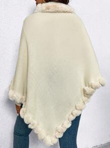 SHEIN Unity 加大码高领蝙蝠袖抓绒毛边饰毛球斗篷式针织套头衫秋冬毛衣 - 米色 - 查看 2