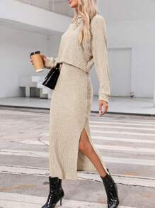 SHEIN Essnce 落肩T恤&高衩半身裙 - 杏色 - 查看 3