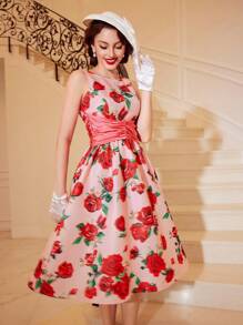 SHEIN DECDS 復古聖誕玫瑰印花女式連身裙 - 淺粉色 - 查看 5