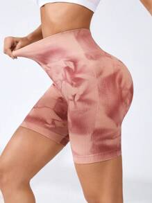 Yoga Trendy 紮染寬腰帶運動短褲 - 棕色 - 查看 1