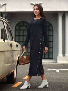 SHEIN LUNE 素色側邊紐扣下擺開叉T恤洋裝 - 黑色 - 查看 6