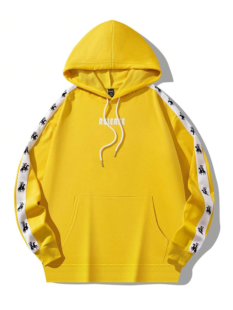 Manfinity Hypemode 男士寬鬆連帽衫,帶有字母圖案、撞色側縫和抽繩 - 彩色 - 查看 1