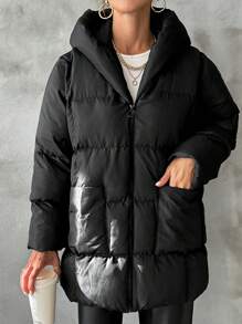 SHEIN Cottnline Zip Up Hooded Puffer Coat - Black - View 4