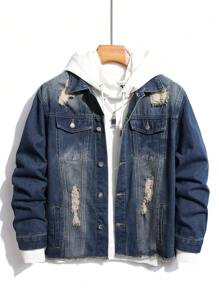 Manfinity EMRG 休閒破洞標語男士牛仔外套 - 深色水洗藍 - 查看 2