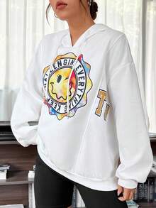 SHEIN EZwear Cartoon & Letter Graphic Drop Shoulder Drawstring Hoodie - White - View 3