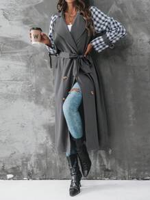 Chiquease Gabardina con estampado de cuadros de doble botonadura con cinturón - Gris - Ver 5