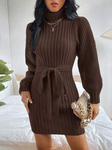 EURMUSE Turtleneck Ribbed Knit Belted Sweater Dress - Brown - View 3