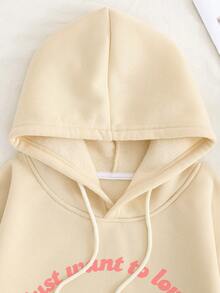 SHEIN Essnce Dâu tây & Đồ họa Chữ cái Túi kangaroo Dây rút Lót nhiệt Hoodie - Màu be - Xem 5