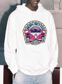 Men Car & Letter Graphic Drop Shoulder Hoodie - White - View 1