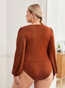 BizChic 大尺碼女性深v領插肩袖連體褲,褶皺細節 - 咖啡棕 - 查看 2