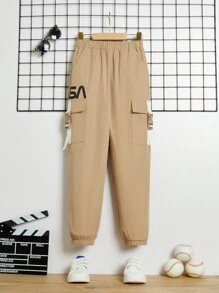 SHEIN Tween Boy Letter Graphic Flap Pocket Buckle Detail Cargo Pants - Khaki - View 1