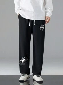 Pantalones con cordón en la cintura con estampado de telaraña, adecuados para Halloween - Negro - Ver 3