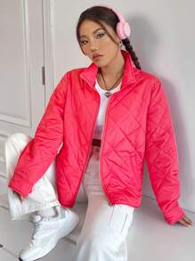 SHEIN Unity Zip Up Drop Shoulder Quilted Padded Coat Clothes Winter - Watermelon Pink - View 1