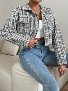 SHEIN Unity Plaid Pattern Flap Pocket Drop Shoulder Crop Jacket Fall Cloth For Women - Yellow - View 3