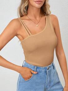 SHEIN Essnce 素色不對稱領不規則肩背帶肩帶領上衣 - 卡其色 - 查看 1