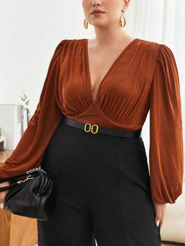 BizChic Plus Size Women's Deep V-Neck Lantern Sleeve Bodysuit With Pleated Detail