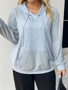 SHEIN LUNE Áo nỉ tay raglan có túi kangaroo cỡ lớn, dây rút. - Xám - Xem 5