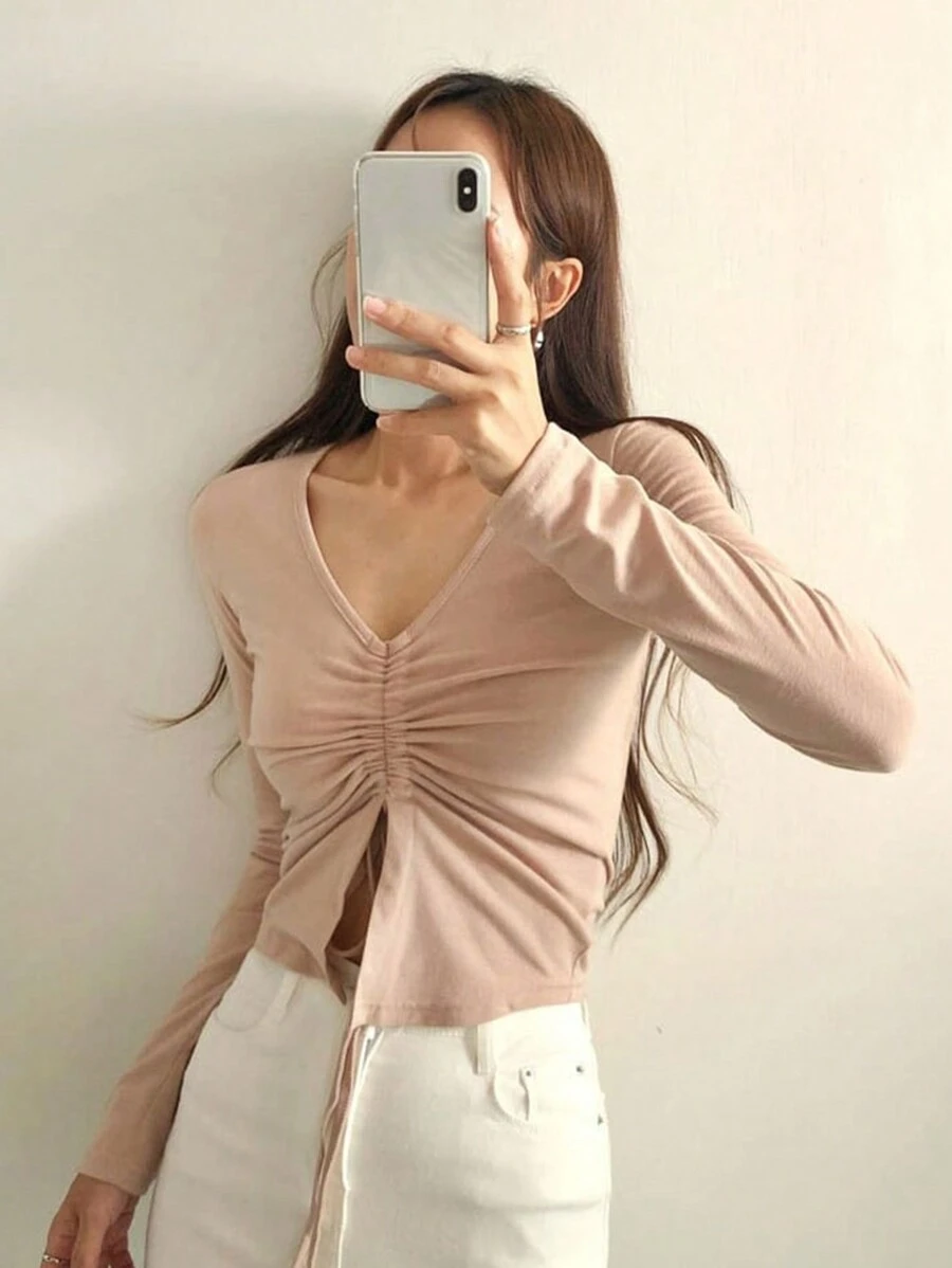 DAZY Solid Drawstring Front Slit Hem Tee,Fall Clothes Long Sleeve Women Tops - Pink - View 1
