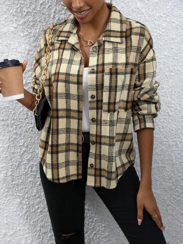 Plaid Print Drop Shoulder Coat Fall Cloth For Women