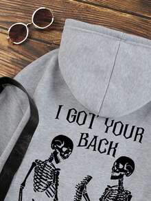 SHEIN EZwear Skeleton & Slogan Graphic Drawstring Thermal Lined Hoodie - Grey - View 4