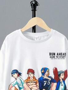 SHEIN 男大童標語和人物圖案落肩袖套頭衫 - 白色 - 查看 3