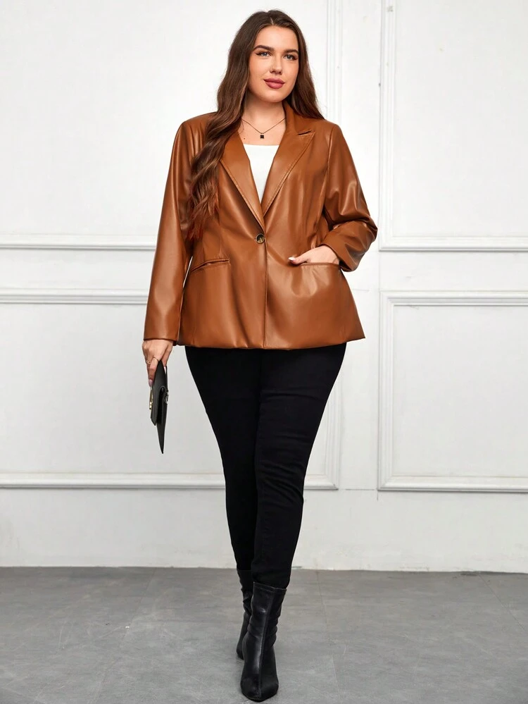 Plus Lapel Neck PU Leather Blazer