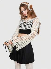 ROMWE Kawaii 夏季钩针镂空落肩短款毛衣，学校