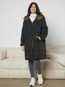 少女字母拼接细节毛绒装饰连帽棉服外套 - 黑色 - 查看 4