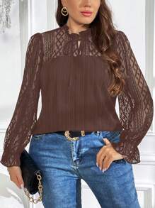 SHEIN LUNE Plus Contrast Lace Flare Sleeve Tie Neck Blouse - Coffee Brown - View 1