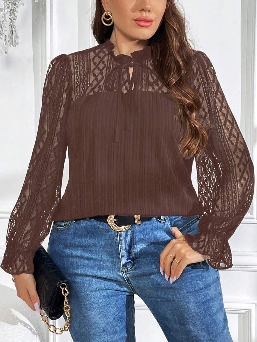 SHEIN LUNE Plus Contrast Lace Flare Sleeve Tie Neck Blouse - Coffee Brown - View 1