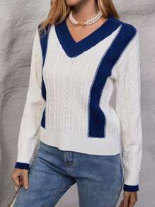 SHEIN LUNE 撞色麻花针织落肩套头衫秋冬毛衣 - 黑與白 - 查看 3