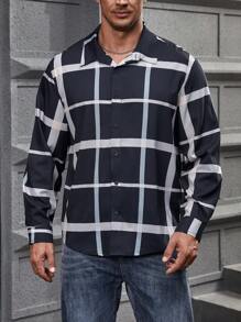 Manfinity Homme 男士大码格紋印花襯衫 - 黑色 - 查看 7