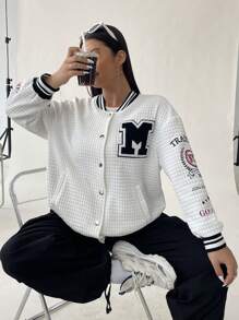 Flirla 休閒字母 條紋大碼夾克 - 白色 - 查看 1