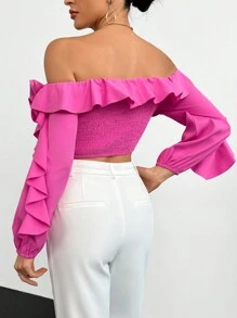 SHEIN Privé Off Shoulder Ruffle Trim Lantern Sleeve Going Out Black Crop Top - Hot Pink - View 2