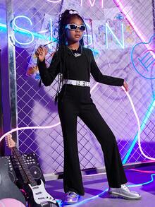 SHEIN Tween Girl Zipper Front Flare Leg Jumpsuit Without Belt - Black - View 4