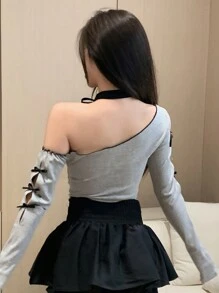 Dazy Star Áo thun ren tương phản cắt xẻ họa tiết rắn, áo đi chơi lễ hội, quần áo mùa thu tay dài cho nữ - Xám - Xem 6