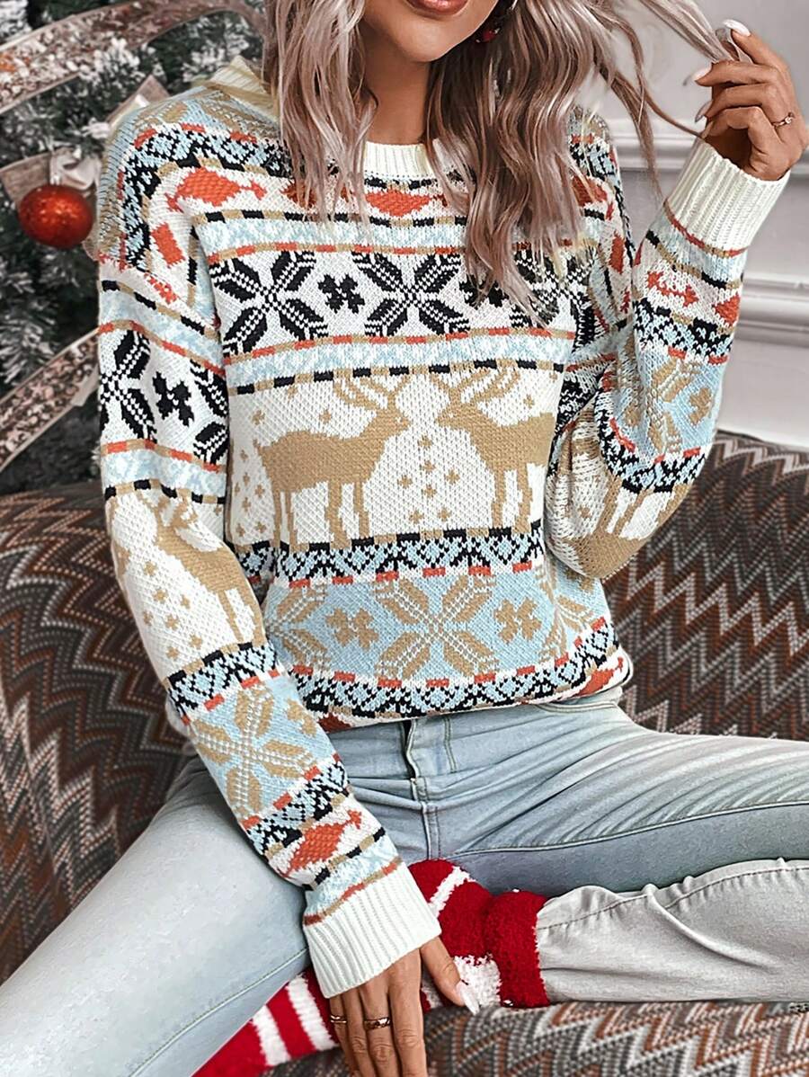 SHEIN LUNE Suéter de punto con caída de hombros, estampado de alce y patrón geométrico, para otoño e invierno - Multicolor - Ver 1