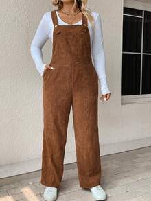 SHEIN LUNE Plus Slant Pocket Corduroy Overall Jumpsuit Without Tee - Khaki - View 5