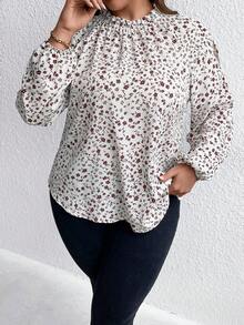 SHEIN LUNE Hơn In hoa Ditsy Cắt bỏ chi tiết Tay áo lồng đèn Áo sơ mi - Màu be - Xem 3