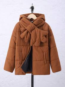 SHEIN Tween Boy Zip Up Hooded Padded Coat With Scarf - Brown - View 3