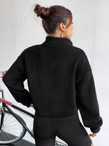 SHEIN Unity Loose Fit Letter Graphic Pullover Sweatshirt With Stand Collar And Half-Zip, Fashionable And Versatile - Black - View 2